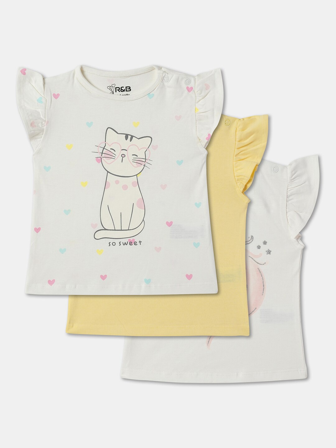 

R&B Girls Pack of 3 Round Neck Cap Sleeves Conversational Printed Cotton T-shirt, Beige