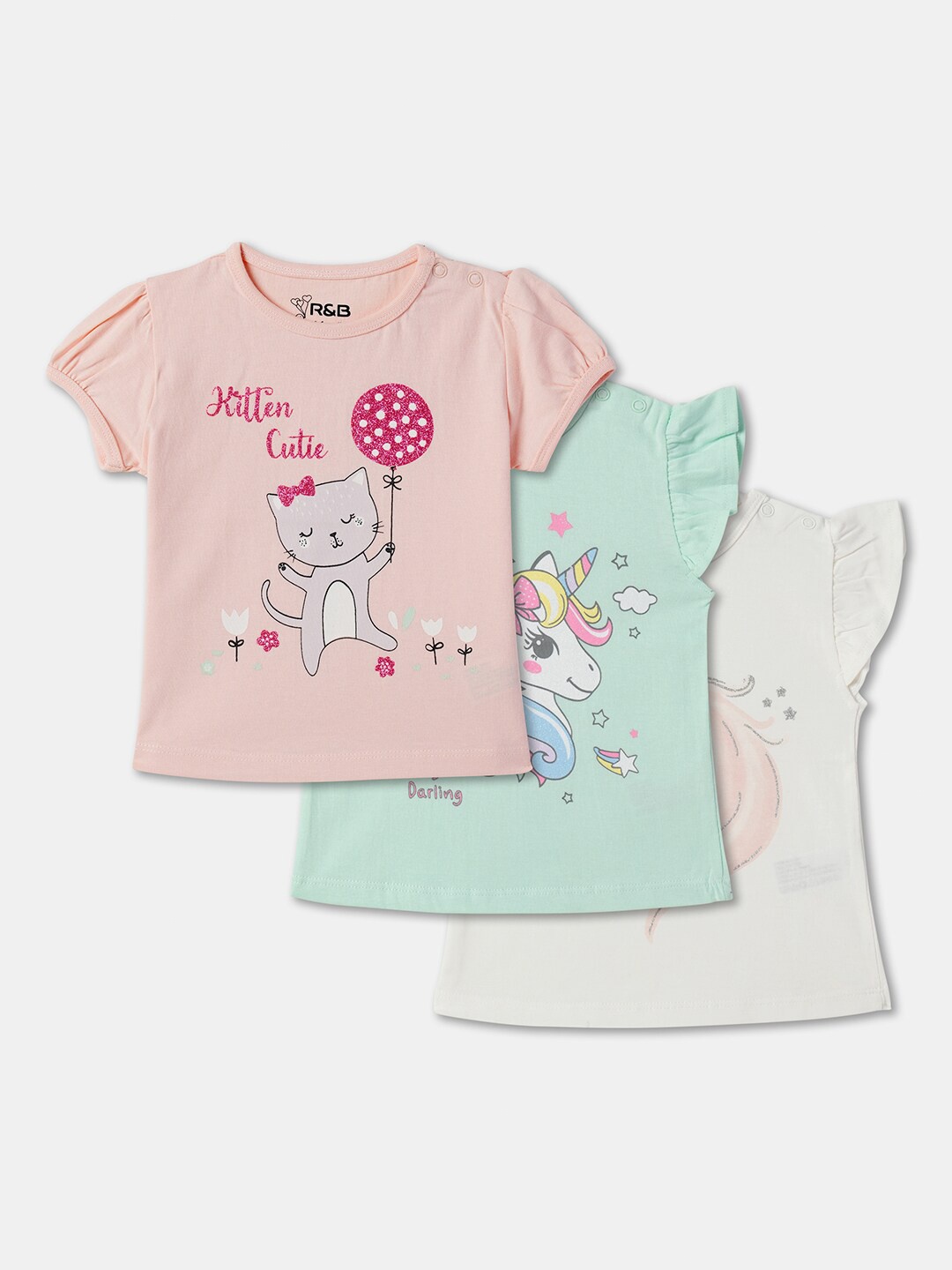 

R&B Girls Pack Of 3 Round Neck Printed Relaxed Fit Cotton T-shirt, Pink