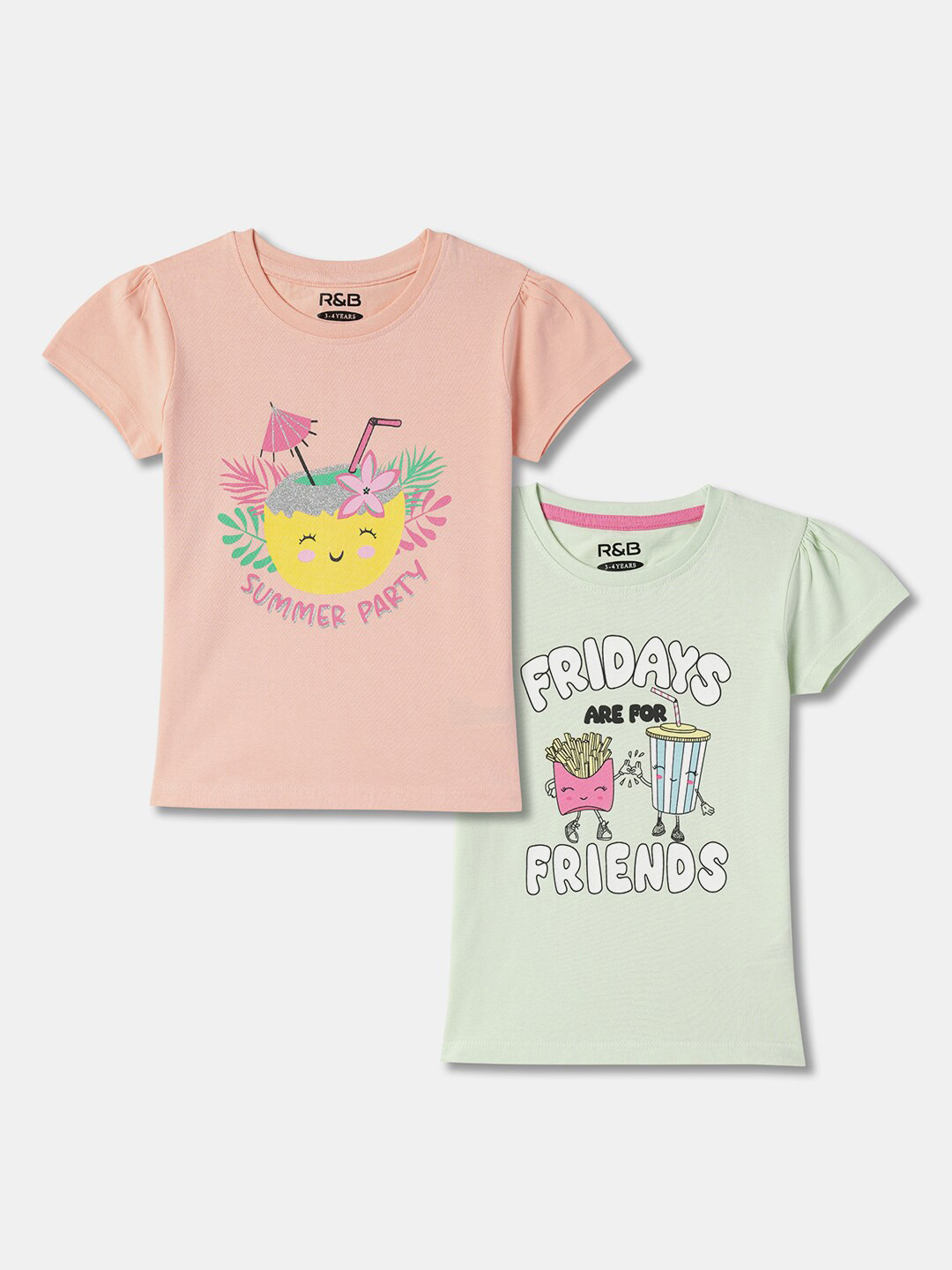 

R&B Girls Pack of 2 Round Neck Short Sleeves Typography Printed Cotton T-shirts, Green