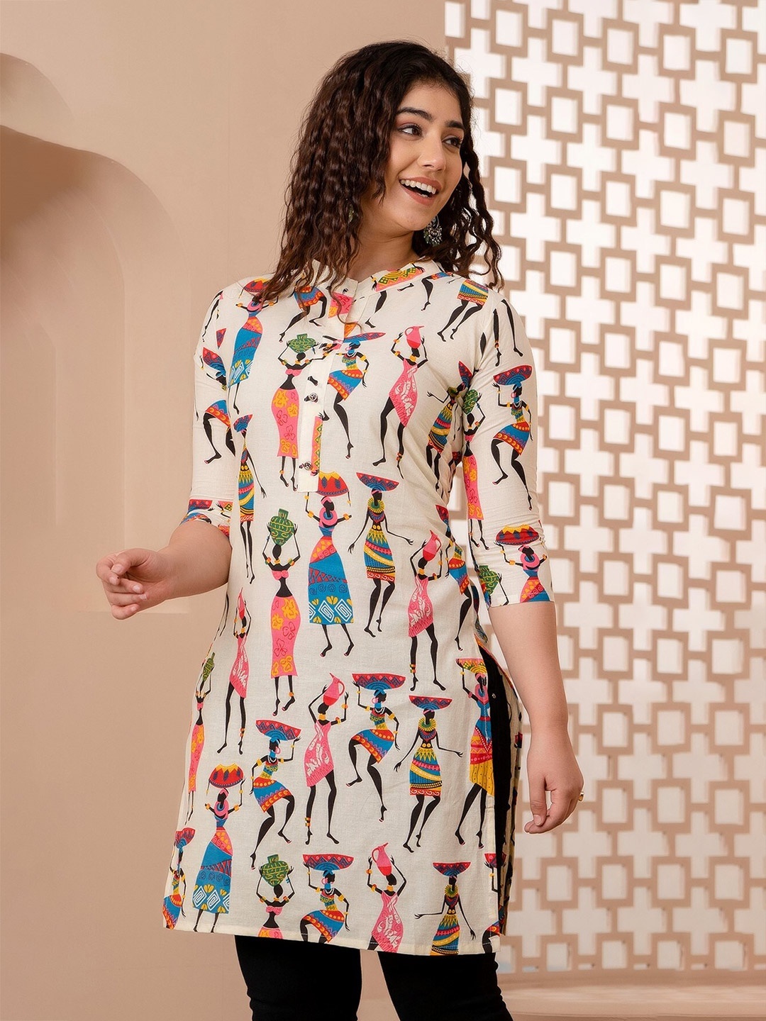

Mialo fashion Women Ethnic Motifs Printed Mandarin Collar Kurti, Red