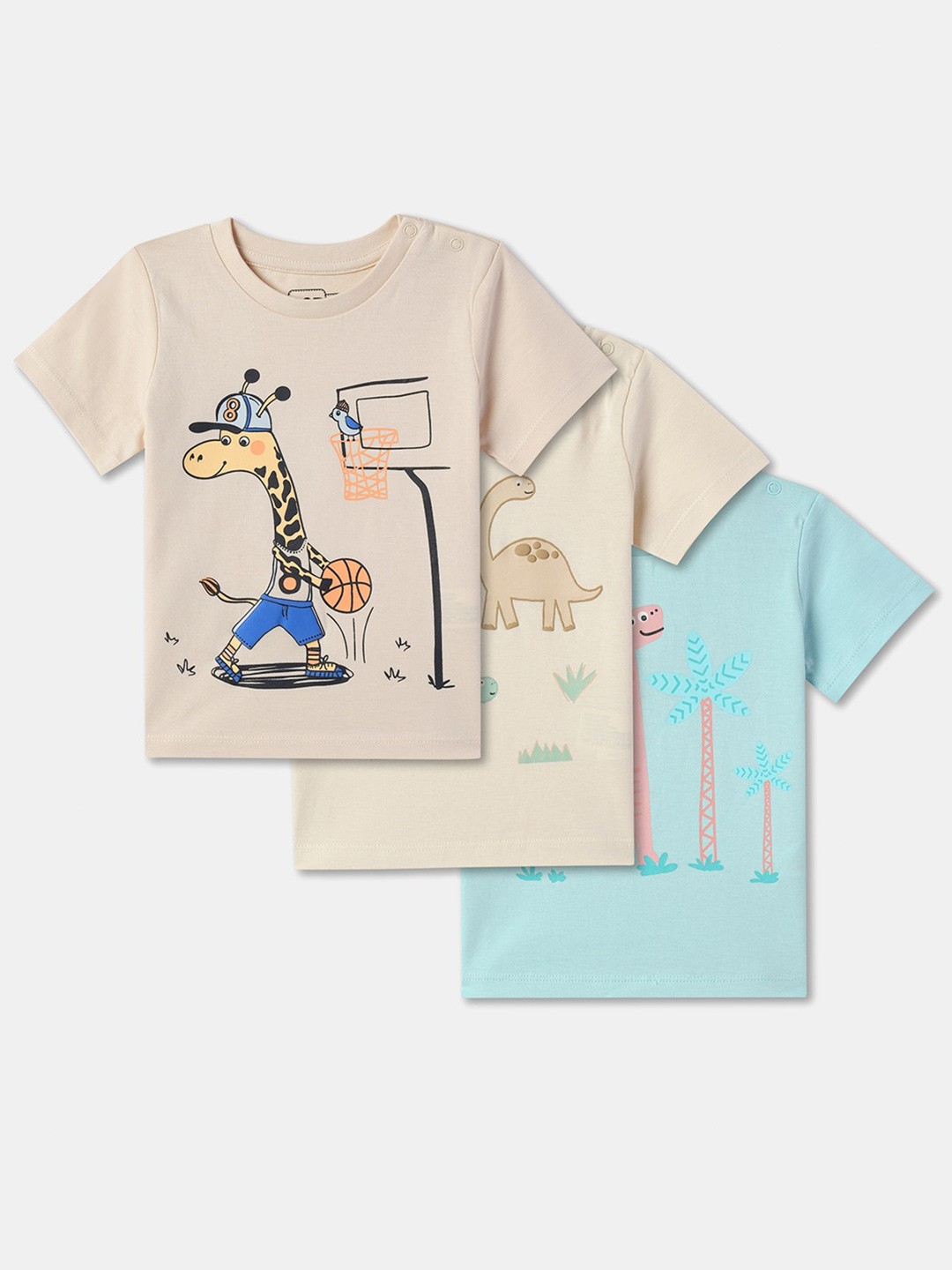 

R&B Girls Pack of 3 Round Neck Short Sleeves Graphic Printed Cotton T-shirt, Beige
