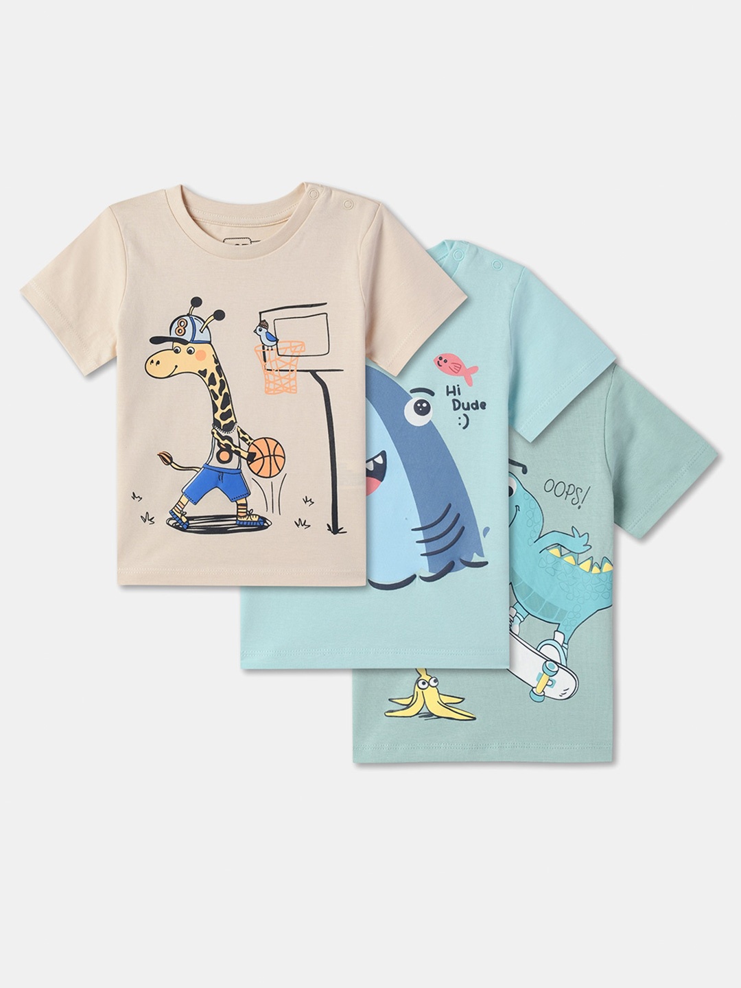 

R&B Boys Pack Of 3 Round Neck Short Sleeves Printed Cotton T-shirt, Cream