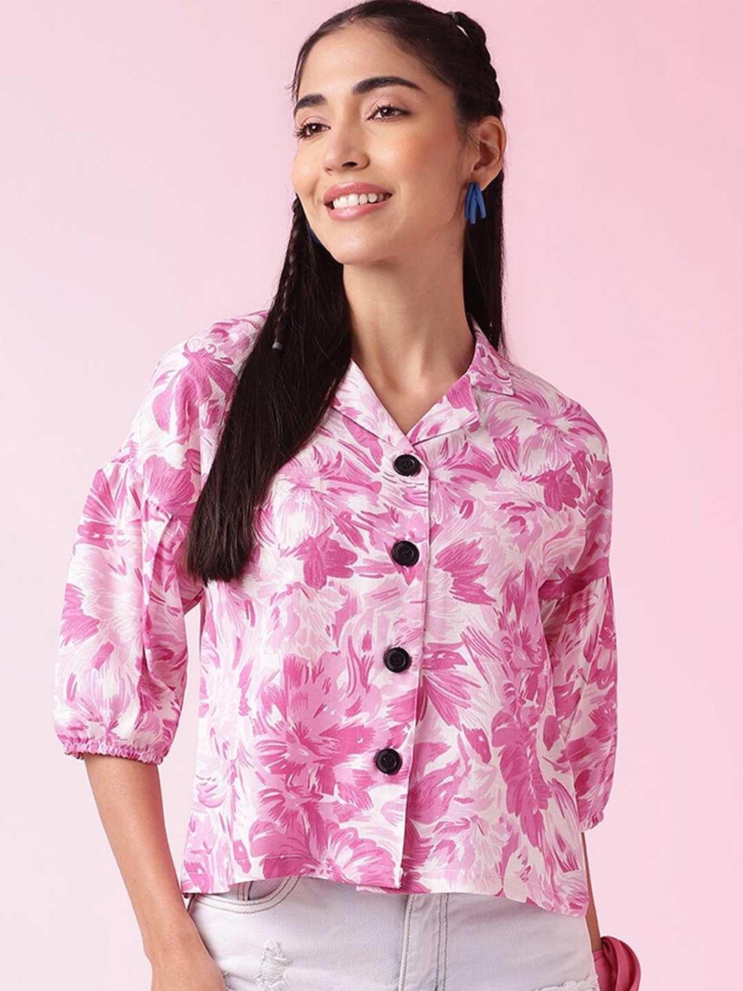 

DressBerry Printed Shirt Collar Top, Pink