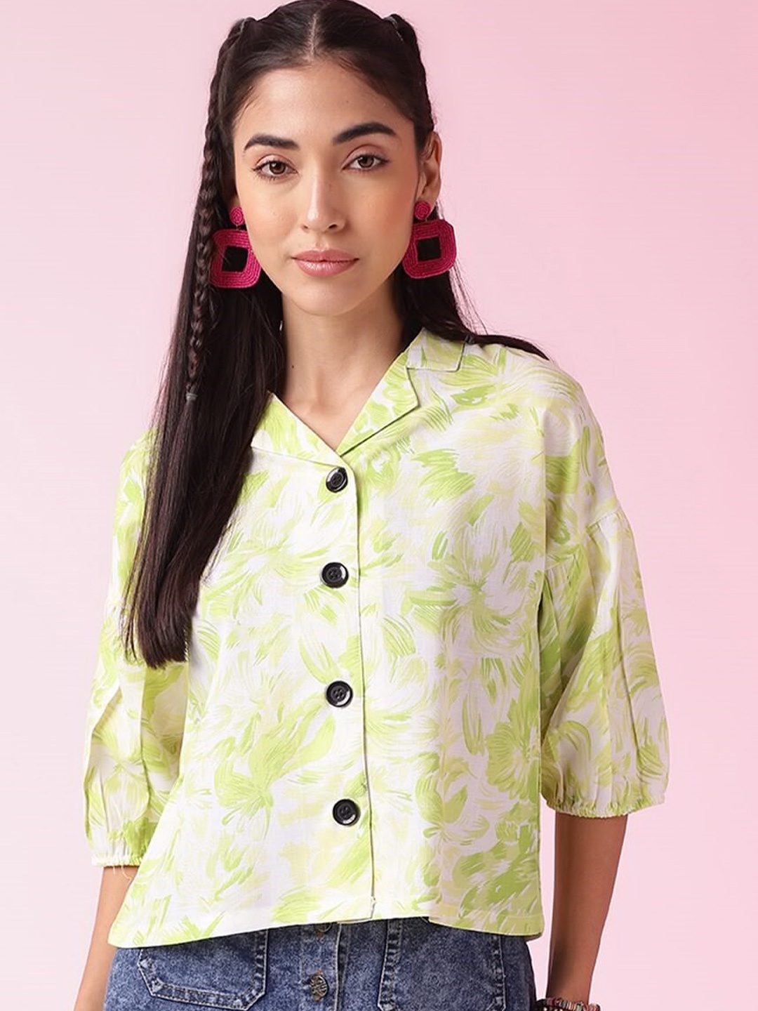 

DressBerry Lime Green Floral Printed Cuffed Sleeves Shirt Style Top