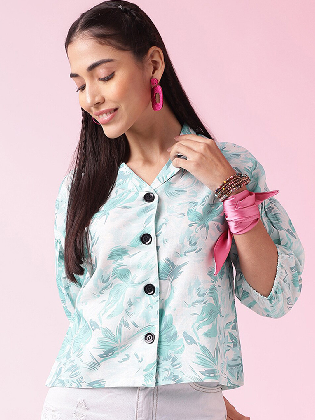 

DressBerry Printed Shirt Collar Top, Sea green