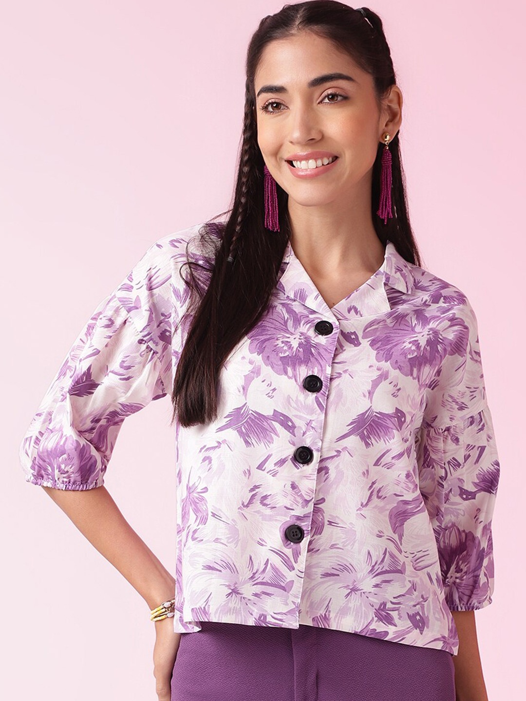 

DressBerry Purple Floral Printed Cuffed Sleeves Shirt Style Top