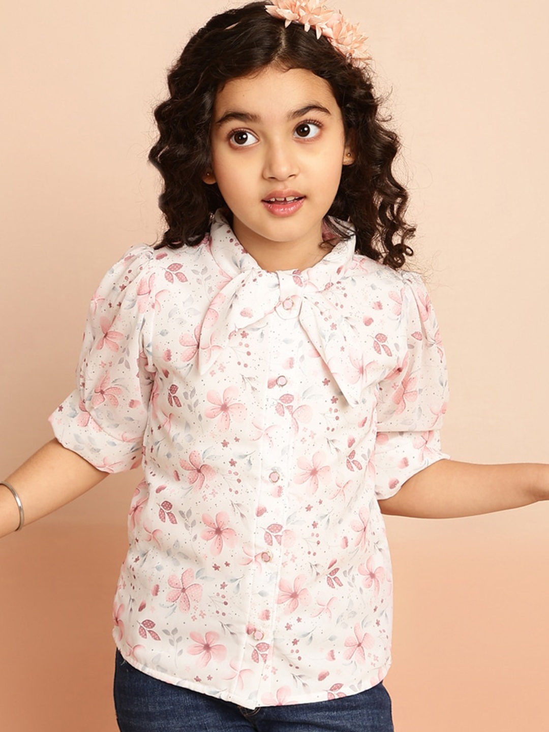 BAESD Girls Floral Print Puff Sleeves Georgette Shirt Style Top, Pink