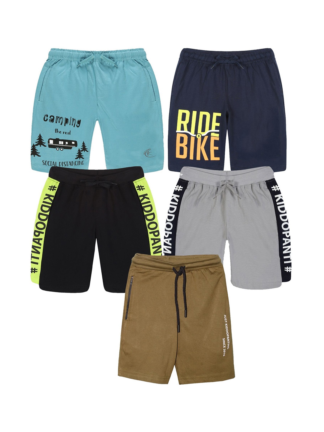 

KiddoPanti Pack Of 5 Boys Typography Printed Cotton Regular Shorts, Blue
