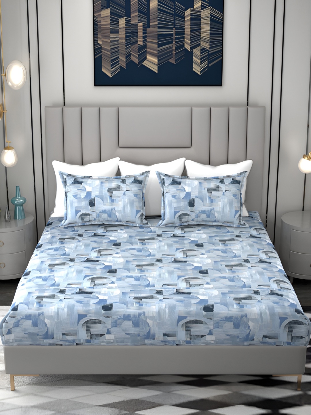 

FINE TEX WORLD Blue Printed 260 TC Cotton King Bedsheet with 2 Pillow Covers