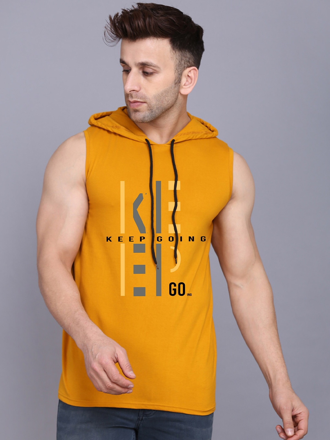 

SLOWLORIS Typography Printed Hooded Sleeveless Regular Fit T-shirt, Mustard