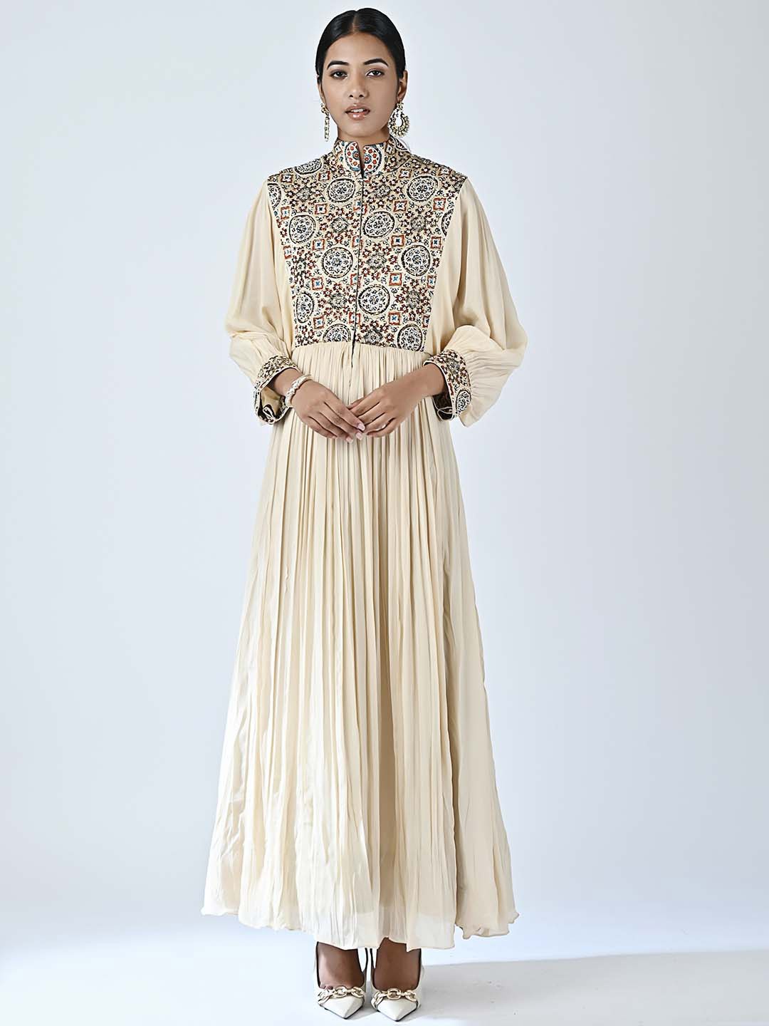 

Sejal Kamdar Mandarin Collar Embellished Crepe Maxi Dress, Cream