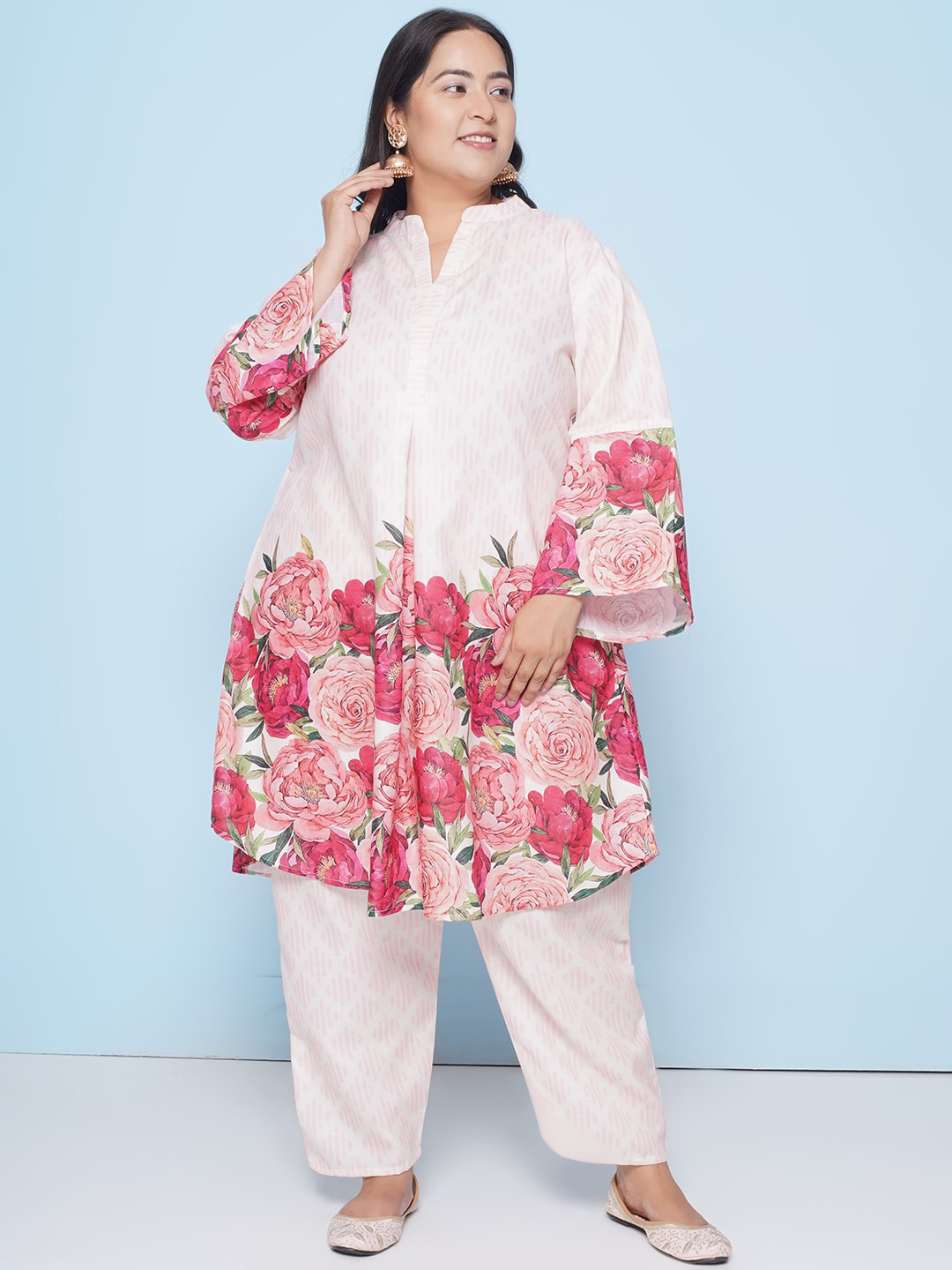 

Love More Plus Size Floral Printed A Line Kurta with Trousers, Off white