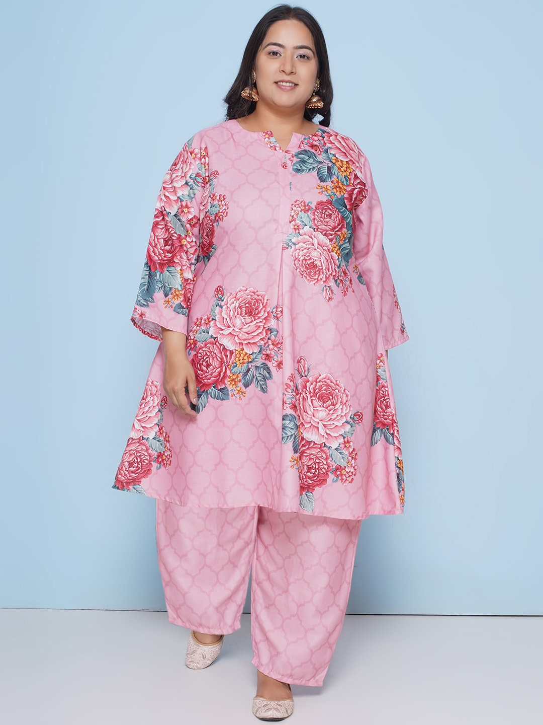 

Love More Plus Size Floral Printed Regular Kurta with Trousers, Pink