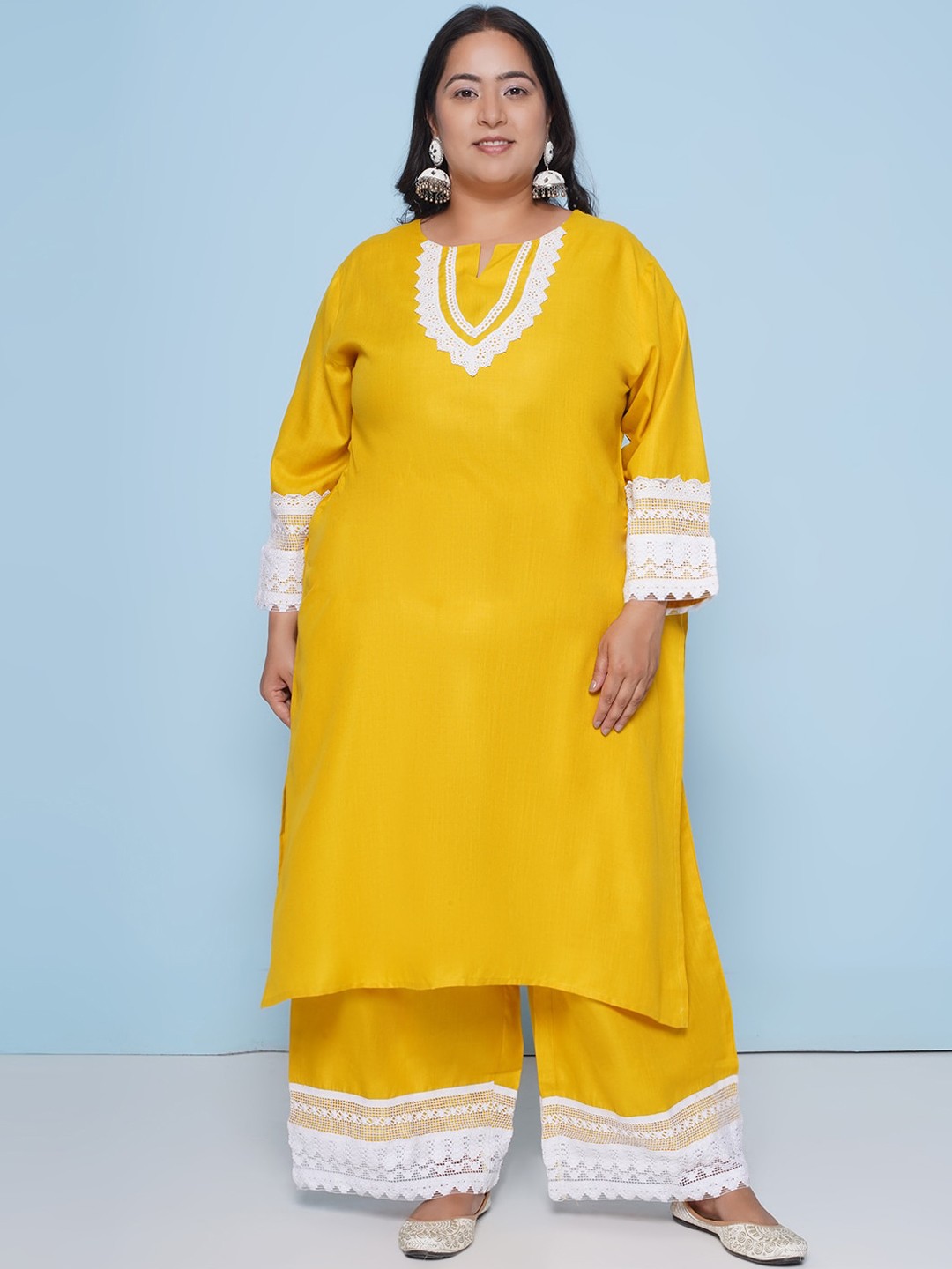 

Love More Plus Size Notch Neck Straight Kurta with Trousers, Yellow