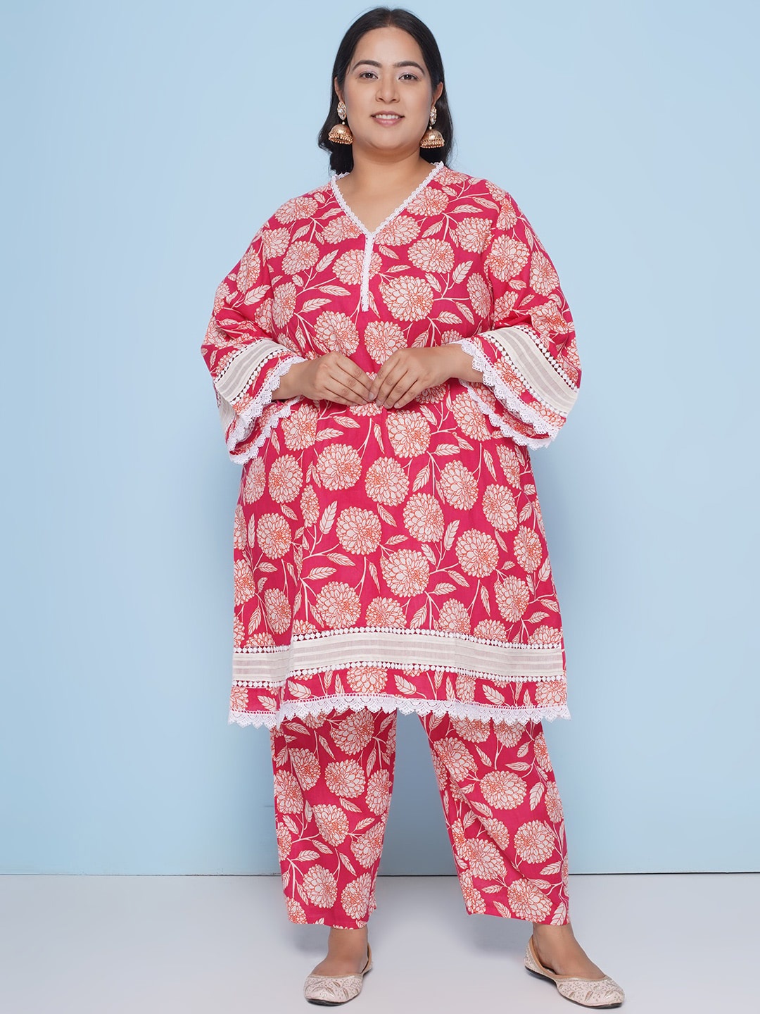 

Love More Plus Size Floral Printed Regular Kurta with Trousers, Pink