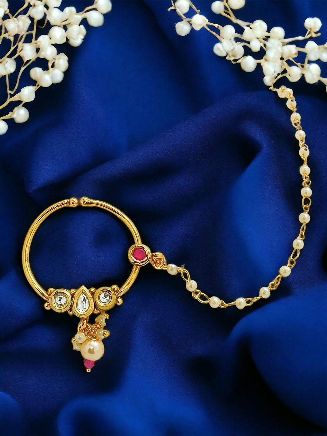 

FEMMIBELLA Gold-Plated Artificial Stones and Beads Ring Nosepin