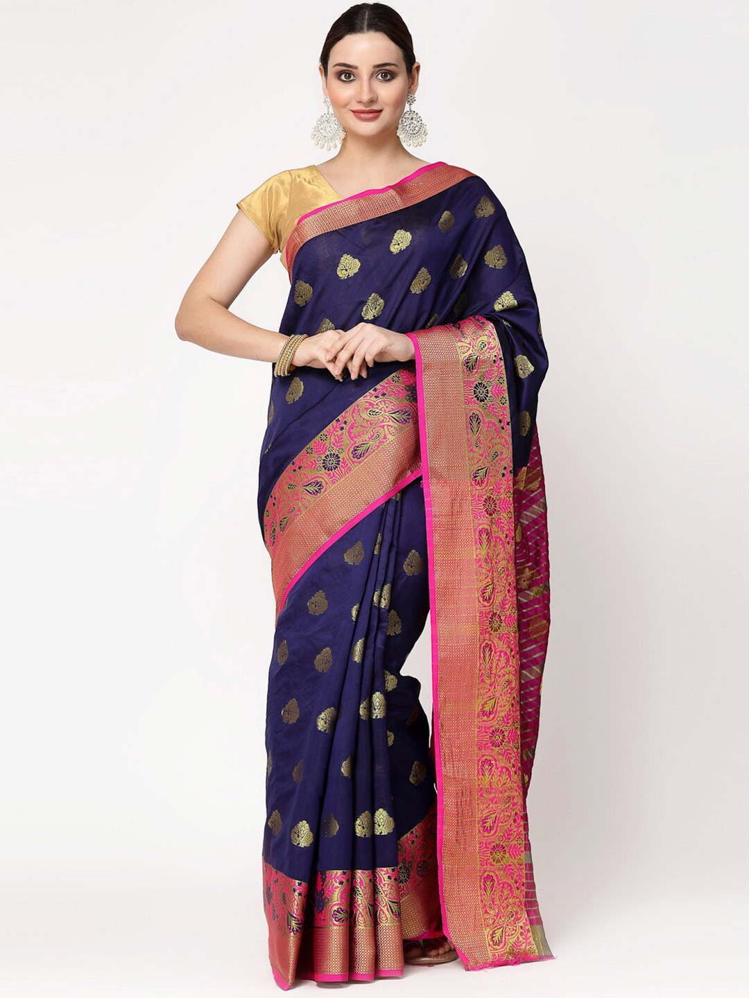 

ISHQY Ethnic Motifs Zari Art Silk Banarasi Saree, Navy blue