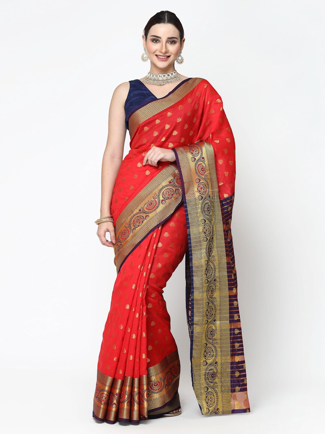 

ISHQY Floral Zari Art Silk Banarasi Saree, Red