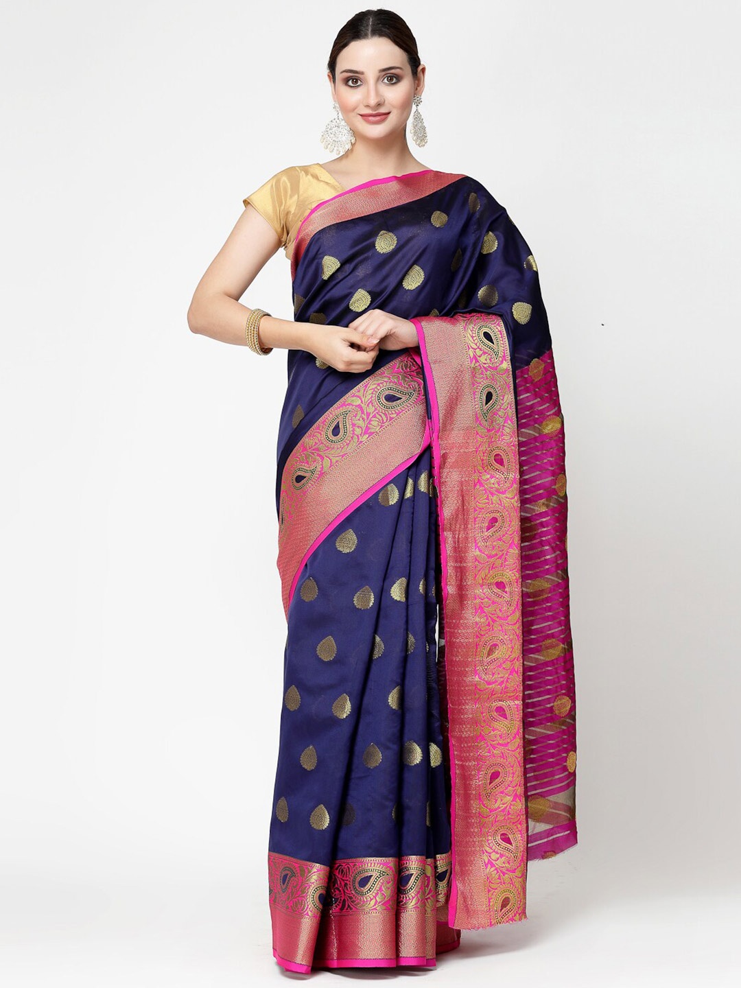 

ISHQY Woven Design Zari Art Silk Banarasi Saree, Navy blue