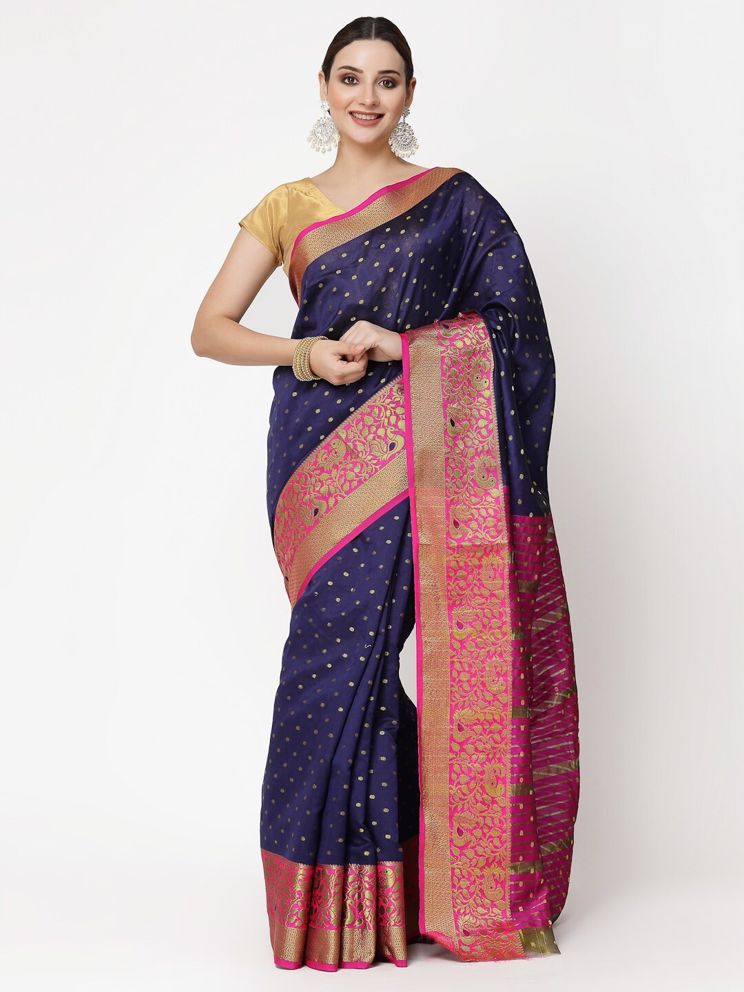 

ISHQY Polka Dot Zari Art Silk Designer Banarasi Saree, Navy blue