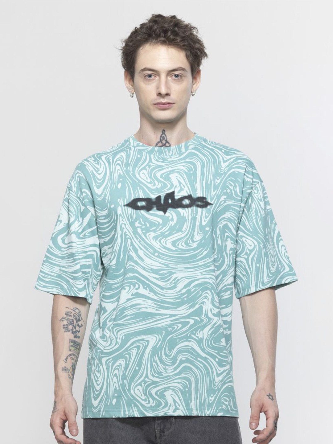 

Snitch Blue Round Neck Short Drop-Shoulder Oversized Cotton T-shirt
