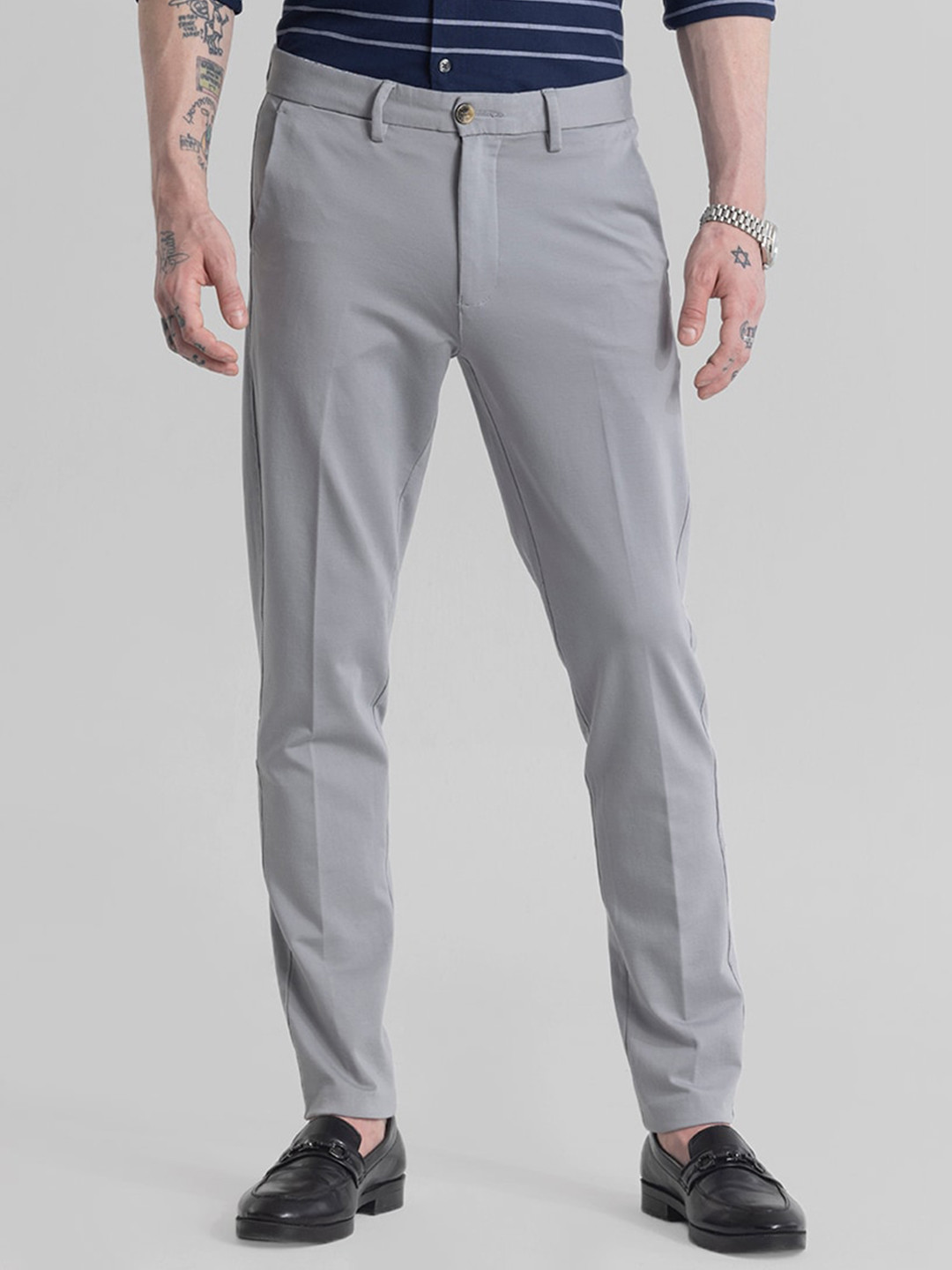 

Snitch Men Classic Slim Fit Cotton Trousers, Grey