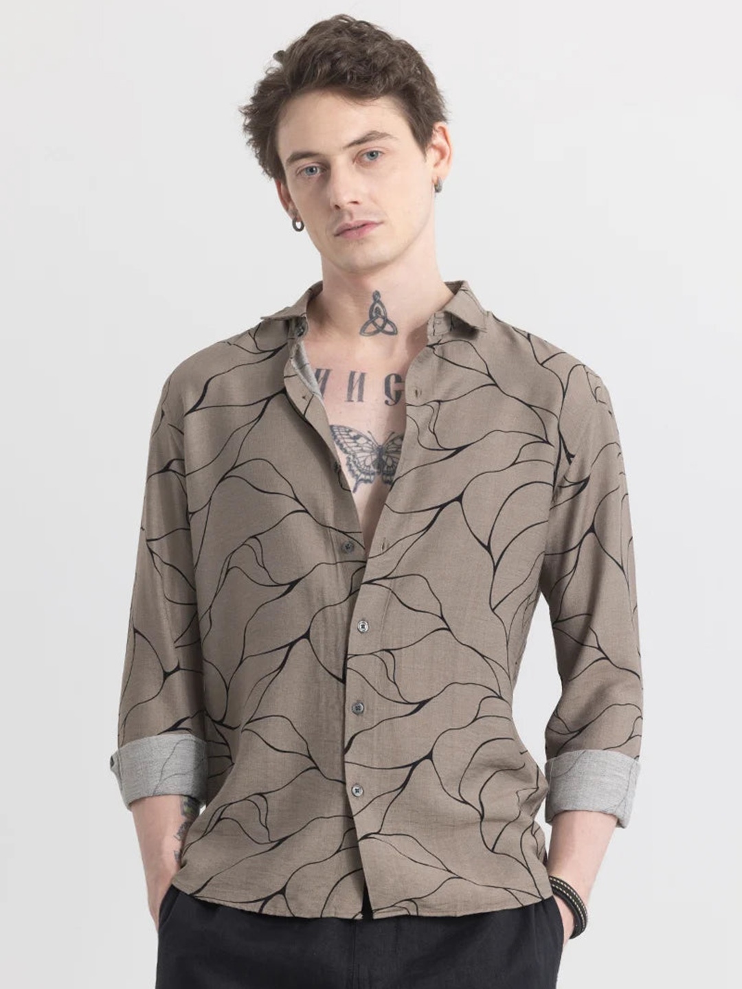 

Snitch Brown Classic Slim Fit Abstract Printed Spread Collar Casual Shirt