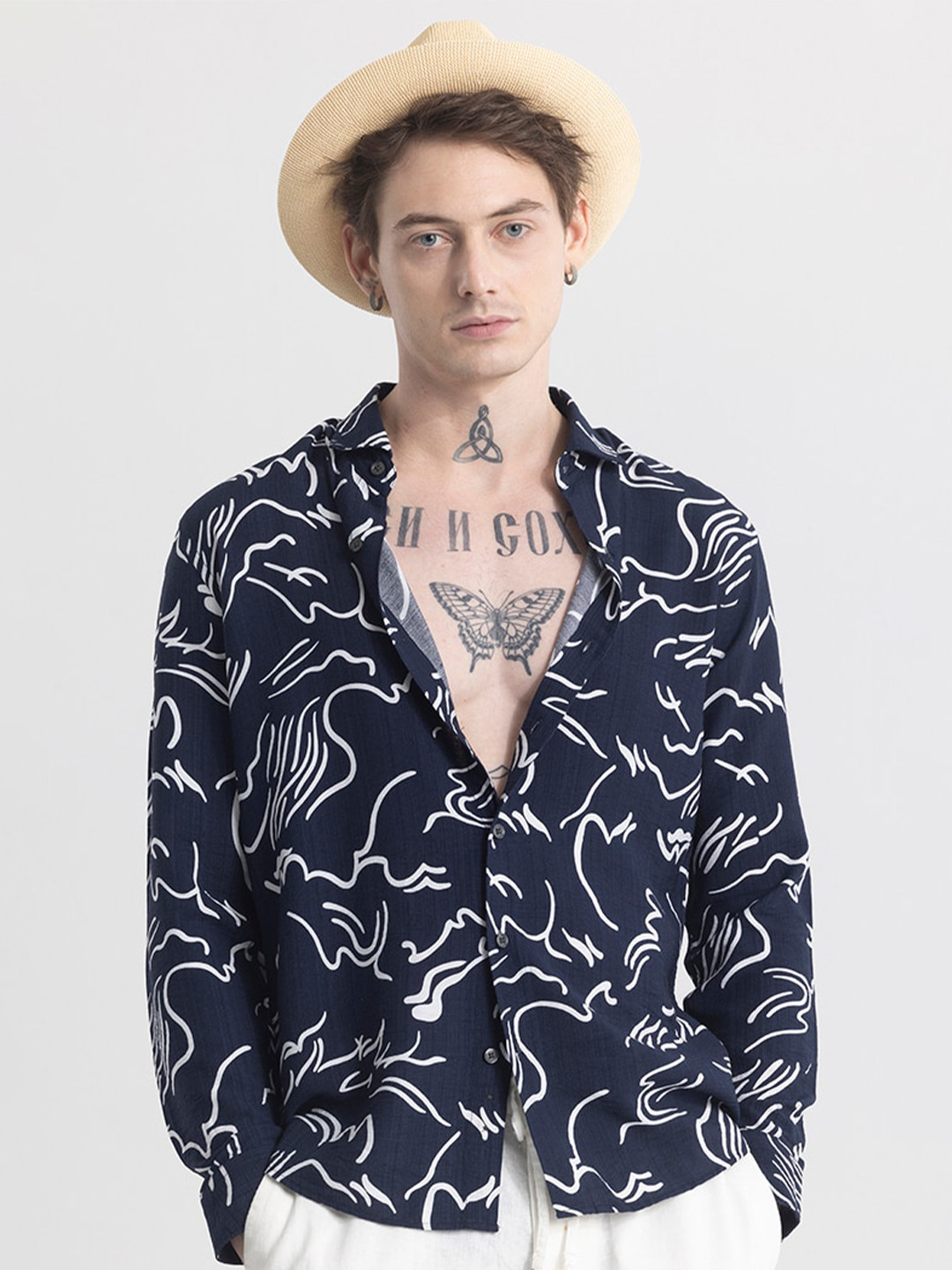 

Snitch Navy Blue Classic Slim Fit Printed Casual Shirt
