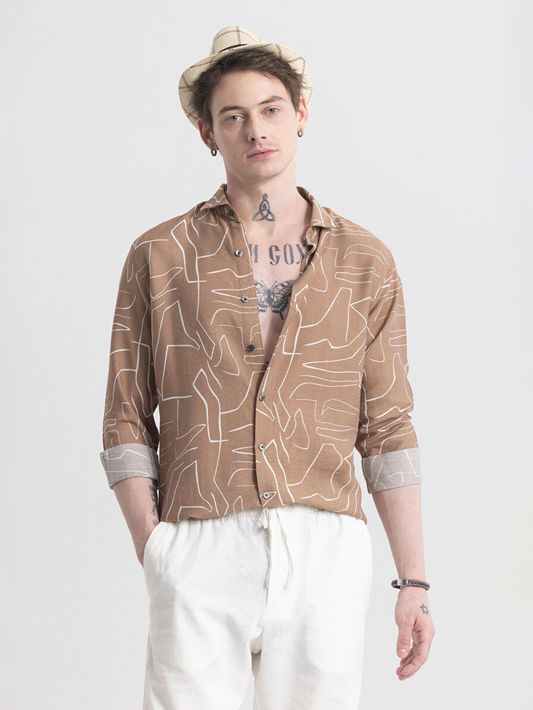 

Snitch Brown Classic Slim Fit Abstract Printed Spread Collar Casual Shirt