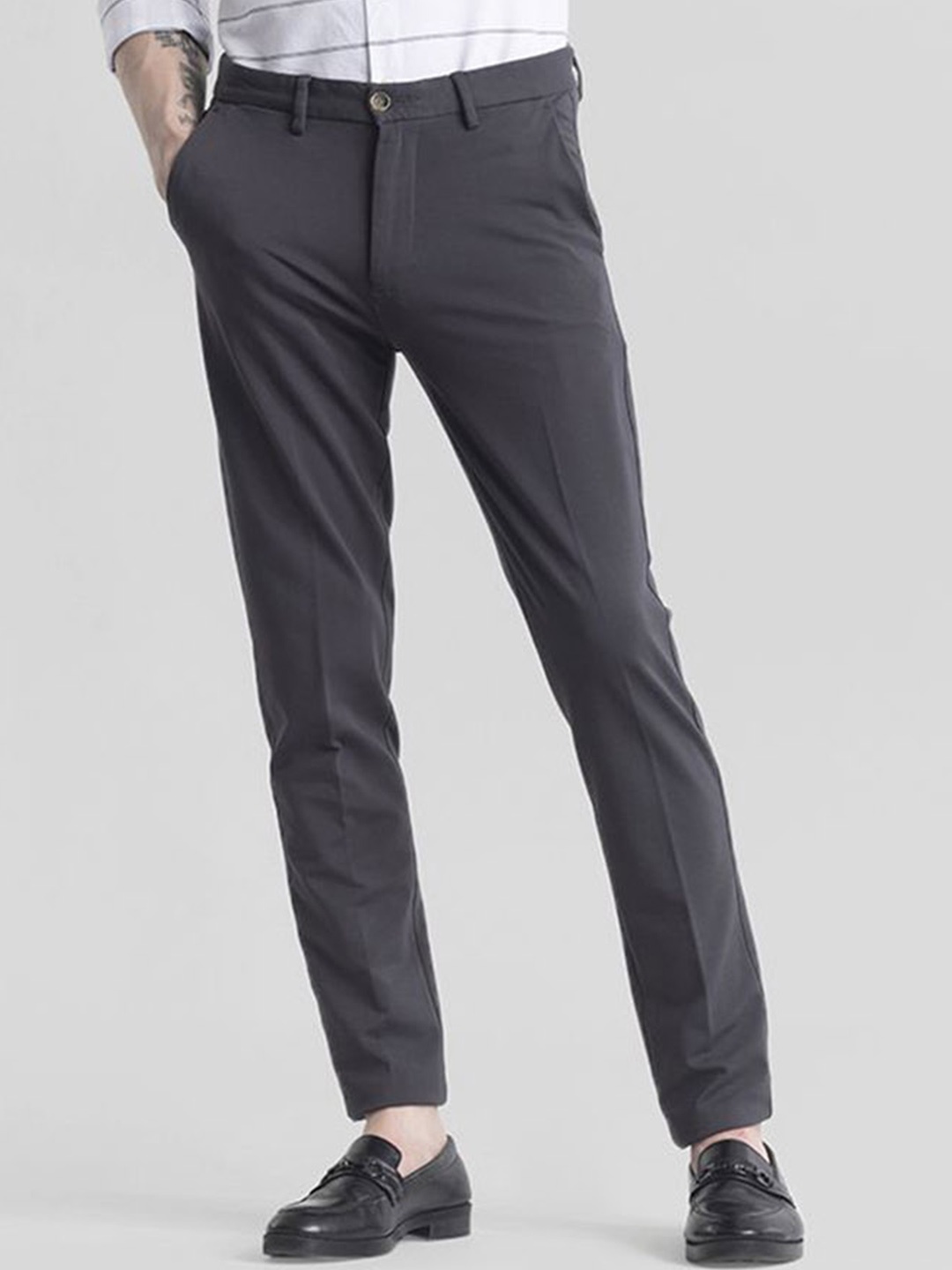 

Snitch Men Classic Charcoal Slim Fit Cotton Regular Trousers