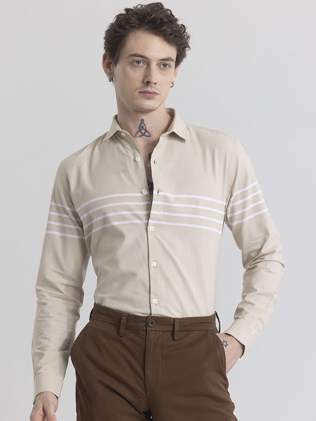 

Snitch Classic Slim Fit Horizontal Stripes Spread Collar Long Sleeves Cotton Casual Shirt, Beige