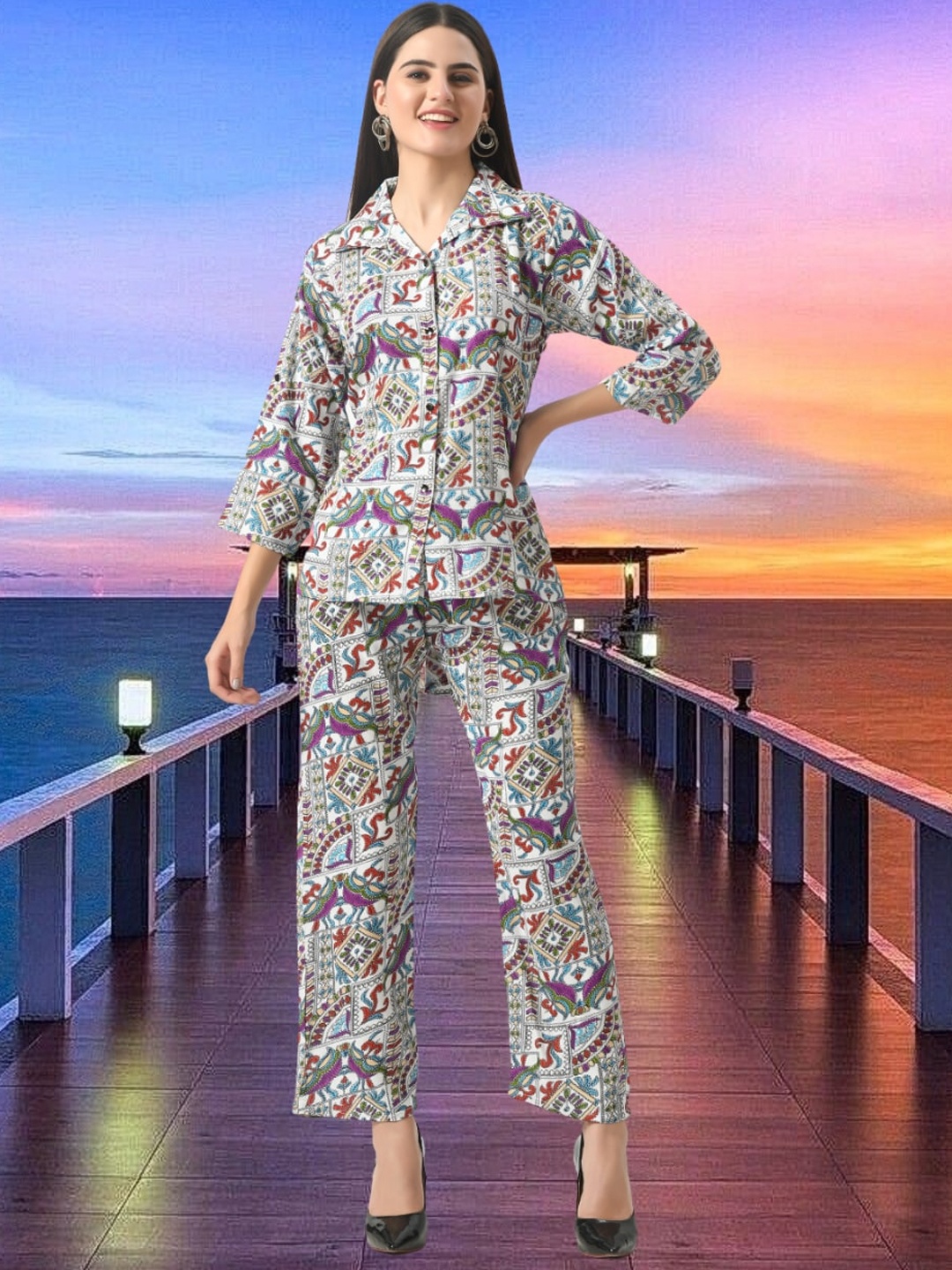 

BAESD Ethnic Motifs Printed Shirt Collar Shirt & Trousers Co-Ords, White