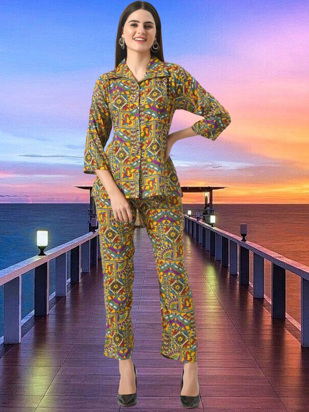 

BAESD Ethnic Motifs Printed Shirt Collar Shirt & Trousers Co-Ords, Yellow