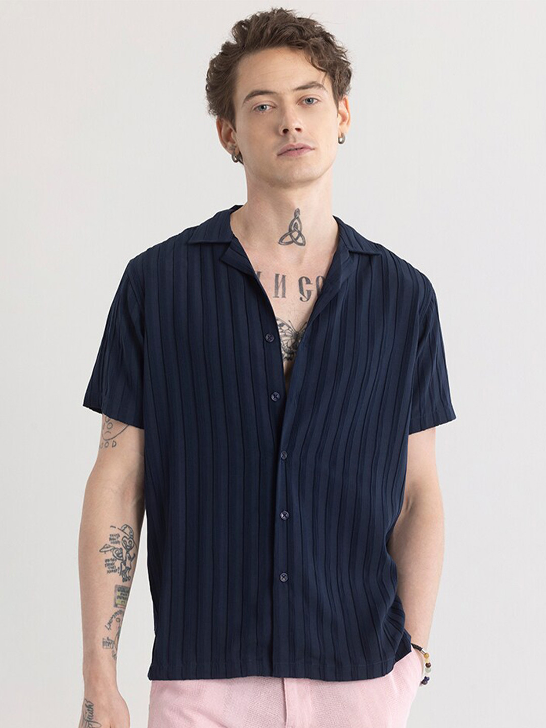 

Snitch Navy Blue Classic Slim Fit Striped Cuban Collar Casual Shirt