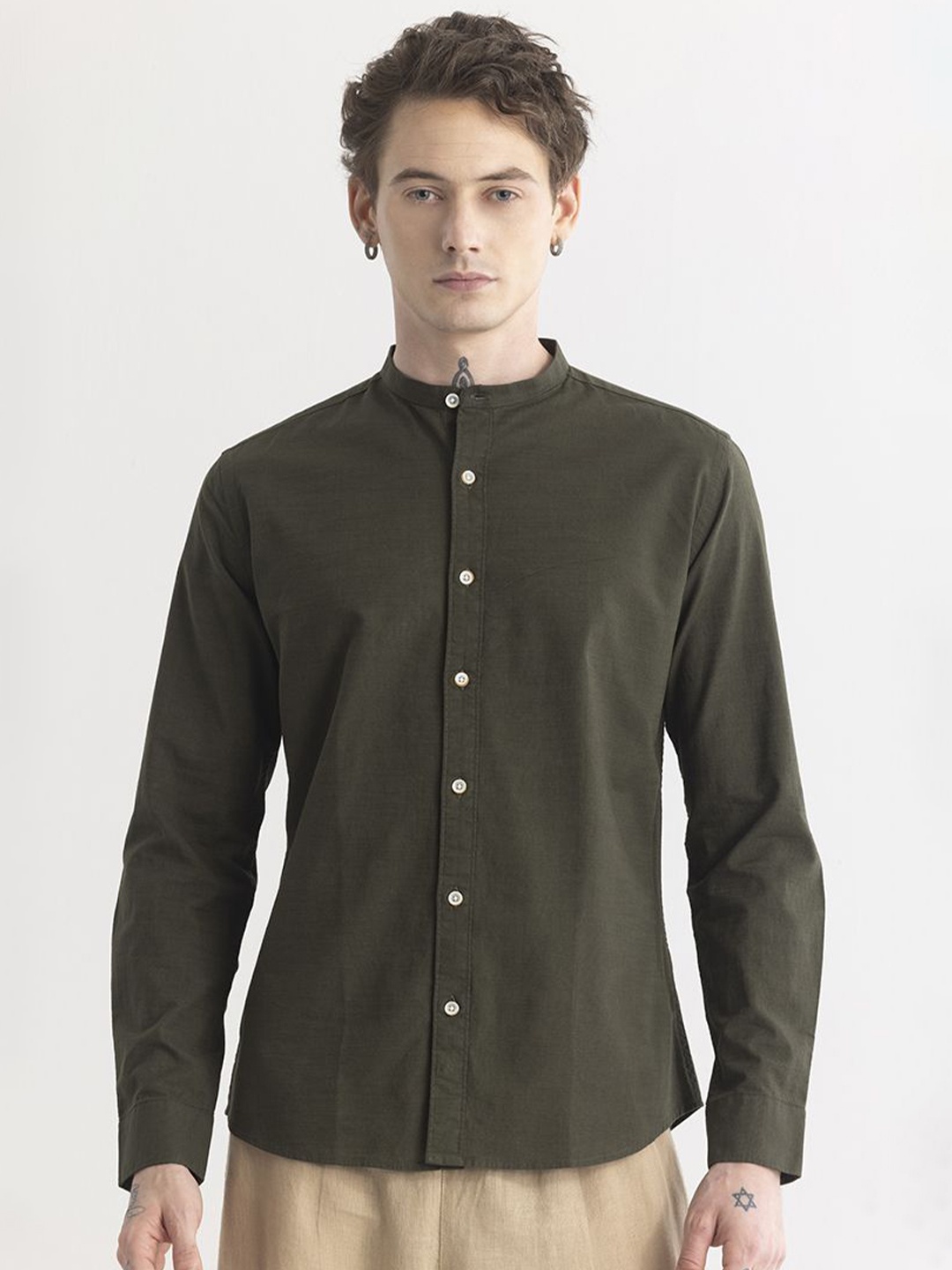 

Snitch Classic Slim Fit Mandarin Collar Long Sleeves Cotton Casual Shirt, Olive