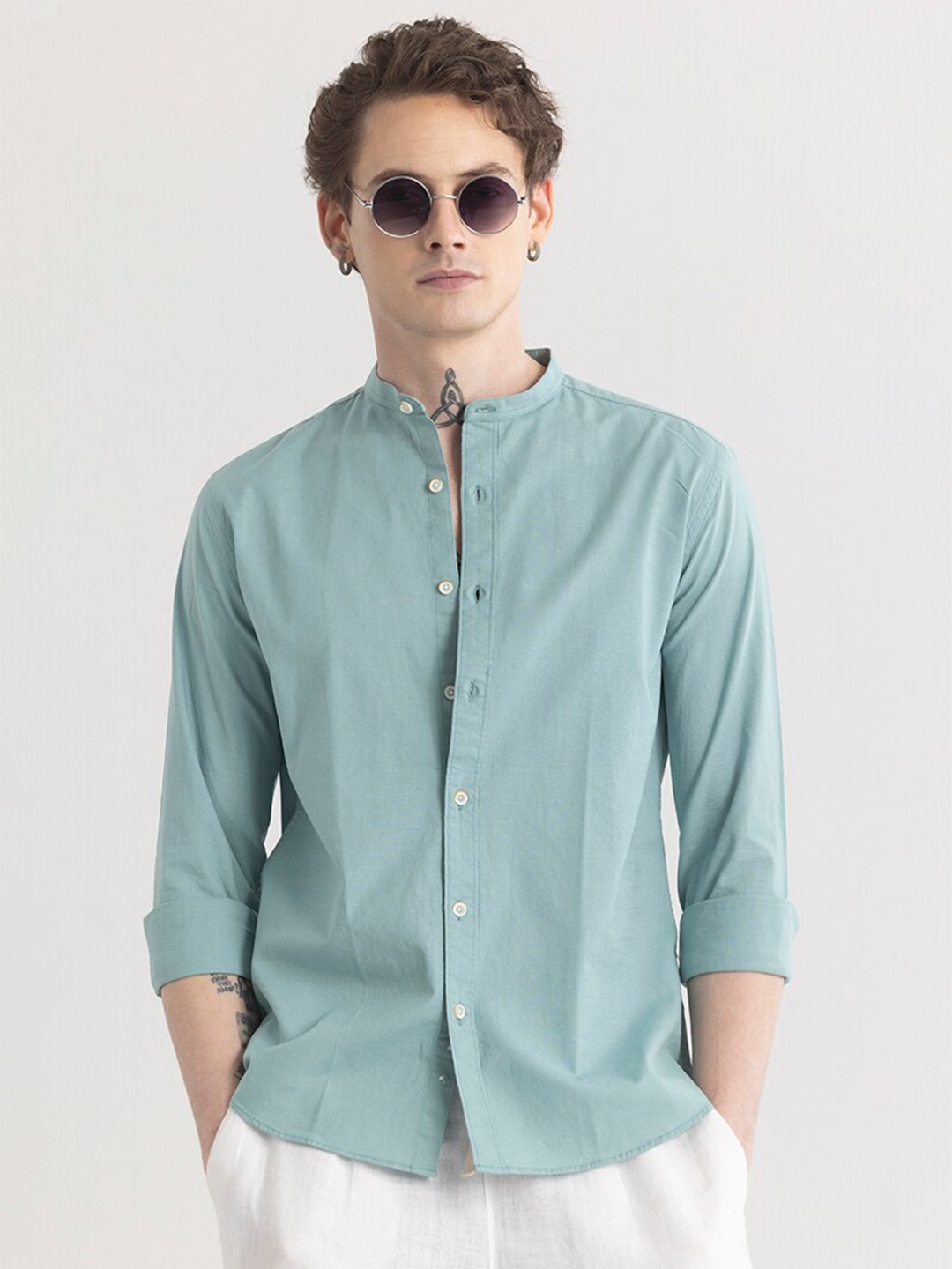 

Snitch Teal Blue Classic Slim Fit Mandarin Collar Cotton Casual Shirt