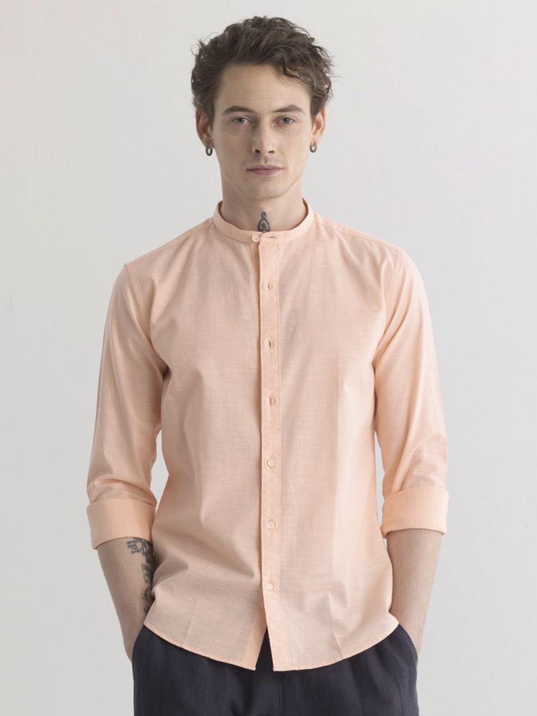 

Snitch Peach Classic Slim Fit Mandarin Collar Cotton Casual Shirt