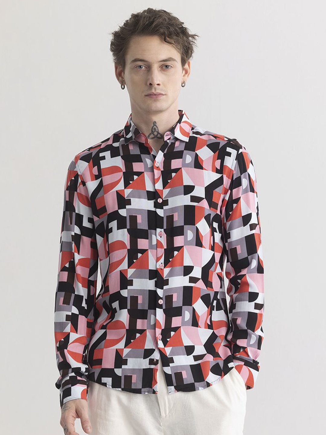 

Snitch Classic Slim Fit Printed Spread Collar Long Sleeves Casual Shirt, Black