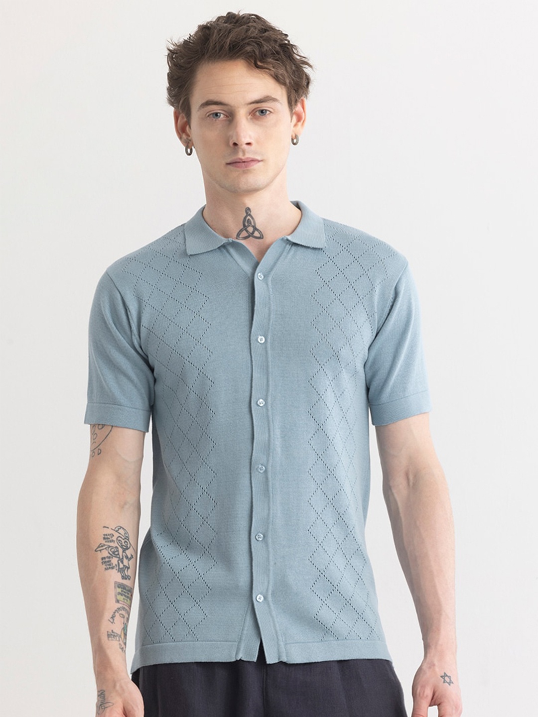 

Snitch Blue Straight Slim Fit Textured Cotton Casual Shirt