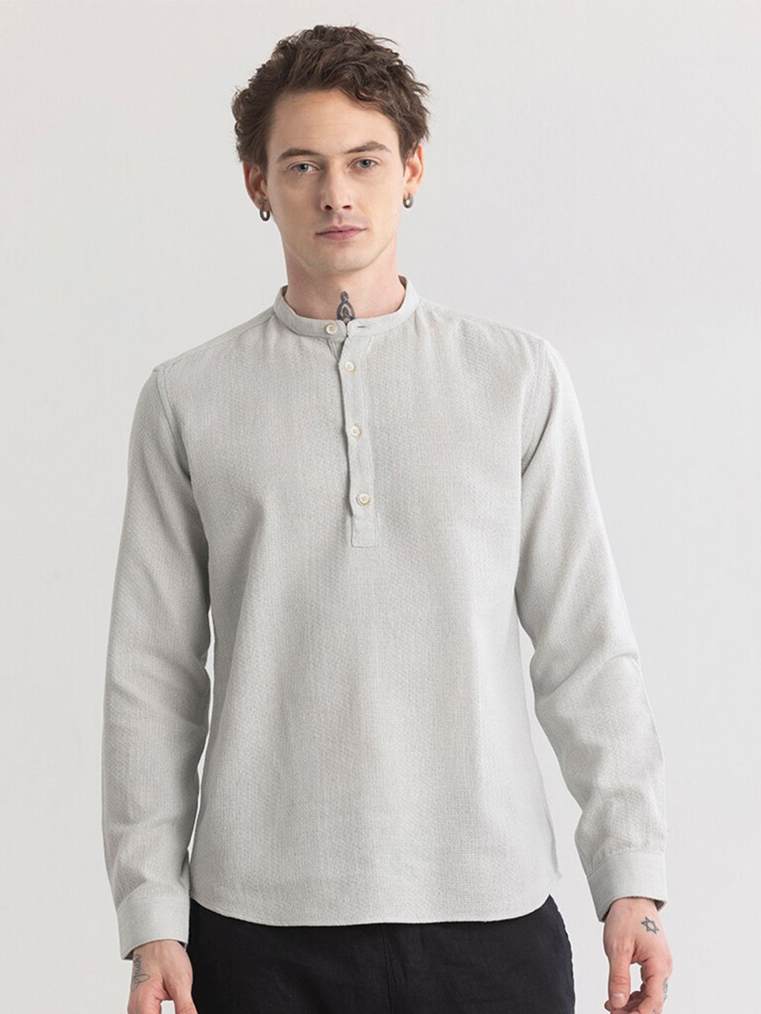

Snitch Grey Band Collar Classic Slim Fit Cotton Casual Shirt