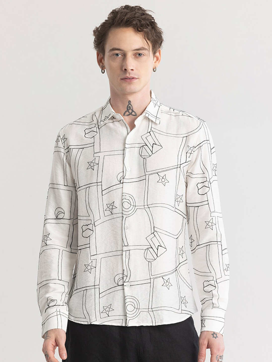 

Snitch Classic Slim Fit Printed Spread Collar Long Sleeves Casual Shirt, White