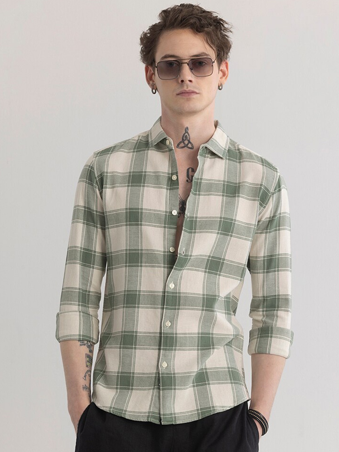

Snitch Olive Green Classic Slim Fit Tartan Checked Spread Collar Cotton Casual Shirt