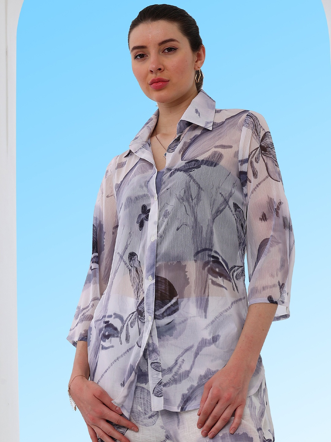 Athena Floral Printed Georgette Sheer Shirt Style Top, White
