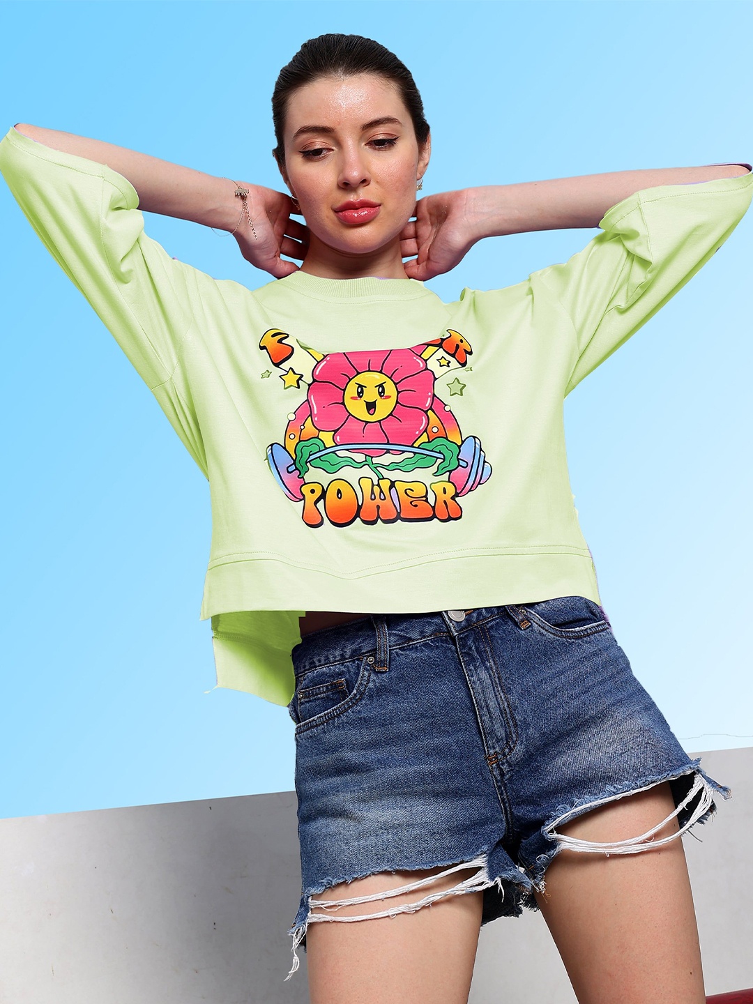 

Athena Graphic Printed Round Neck Cotton Crop Top, Green