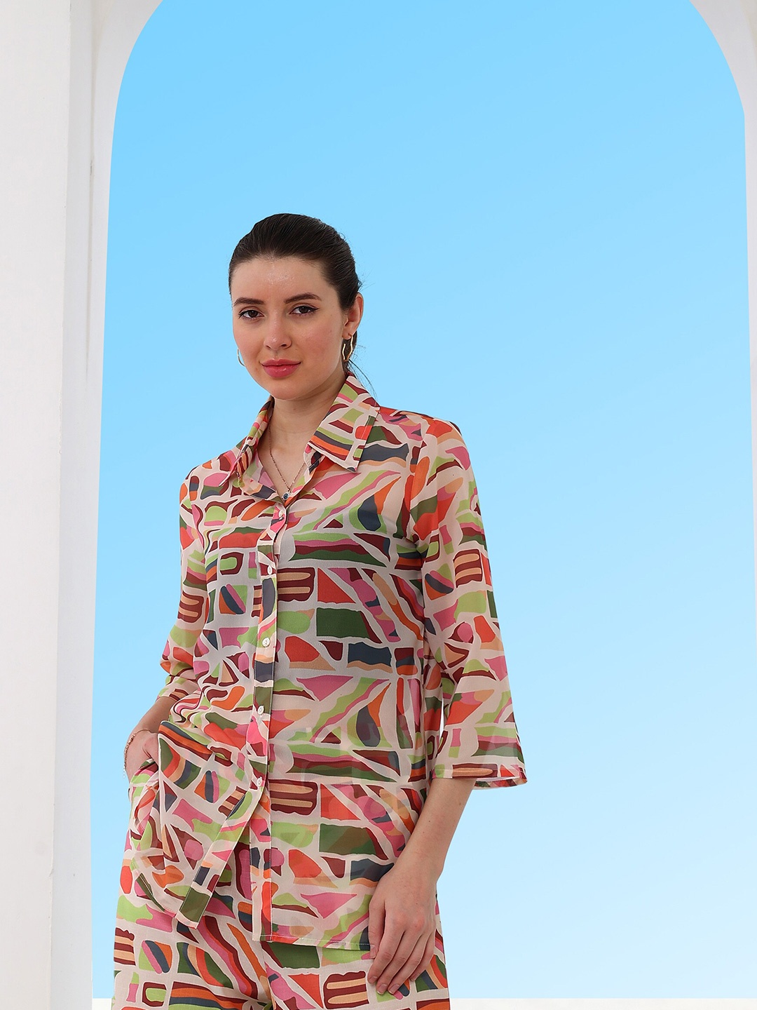 

Athena Abstract Printed Georgette Shirt Style Top, Green
