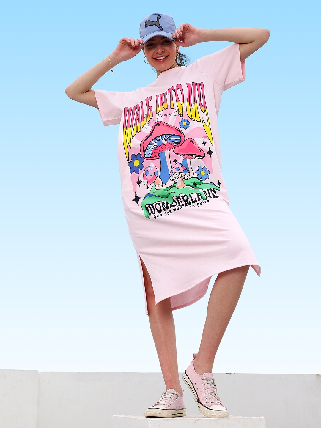 

Athena Graphic Printed Cotton T-Shirt Dress, Pink