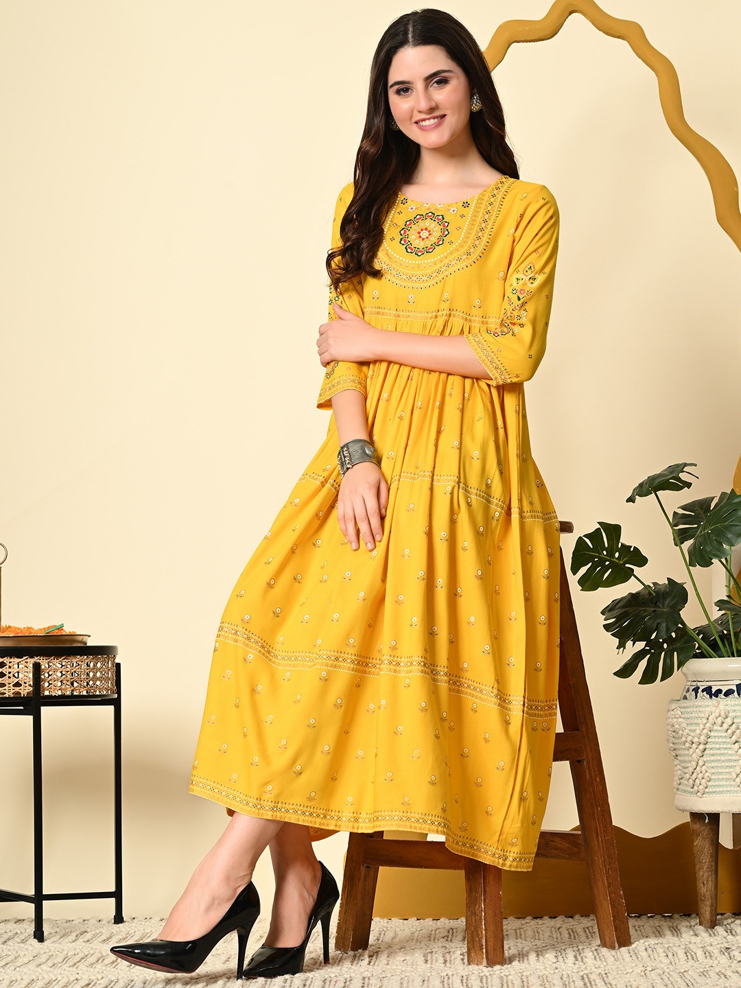 

aaivan Women Ethnic Motifs Printed A-Line Kurta, Yellow