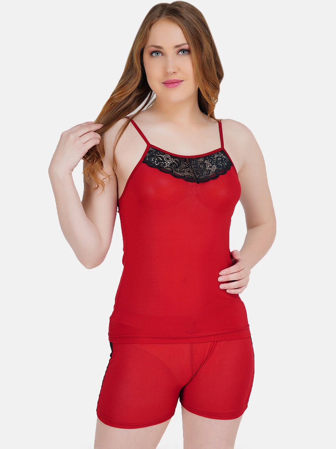 

Hill Islands Women Solid Lace Lingerie Set, Red