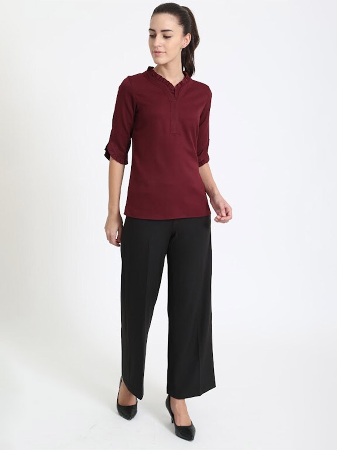 

SALT ATTIRE Mandarin Collar Roll-Up Sleeves Top, Maroon