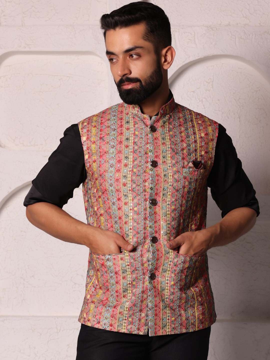 

Lightpole Men Printed Pure Cotton Nehru Jacket, Pink